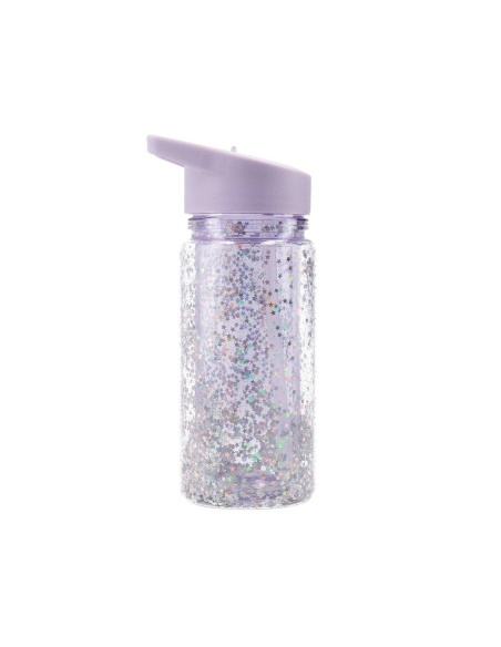 BOTELLA PLÁSTICO CON PAJITA GLITTER STARS LILA