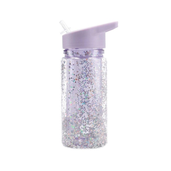 BOTELLA PLÁSTICO CON PAJITA GLITTER STARS LILA