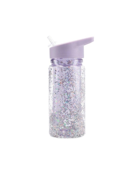 BOTELLA PLÁSTICO CON PAJITA GLITTER STARS LILA