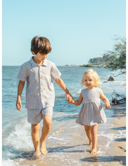 VESTIDO A RAYAS MULTICOLOR CON APLICACIÓN DE ENCAJE LARANJINHA