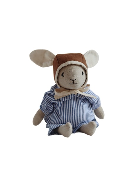 CONEJITO PEQUEÑO COLOR AVENA CON CONJUNTO DE RAYAS AZULES QUBASHI