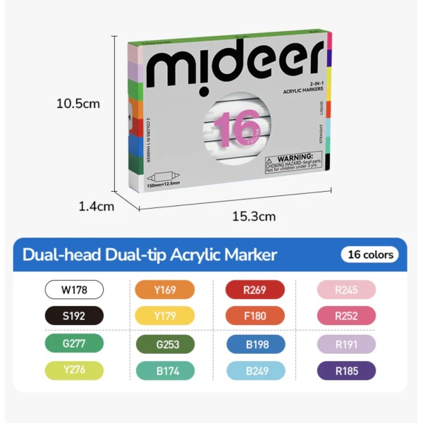 ROTULADORES ACRÍLICOS DE DOBLE CARA MIDEER: 16 COLORES
