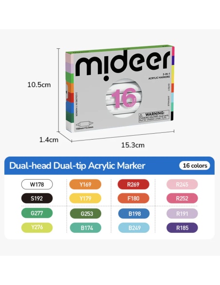 ROTULADORES ACRÍLICOS DE DOBLE CARA MIDEER: 16 COLORES