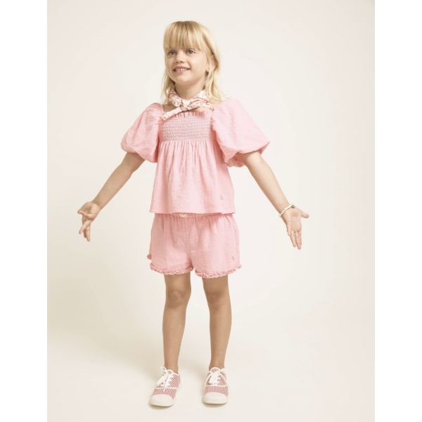 PANTALÓN CORTO DE ALGODÓN CON VOLANTES ROSA BÚHO