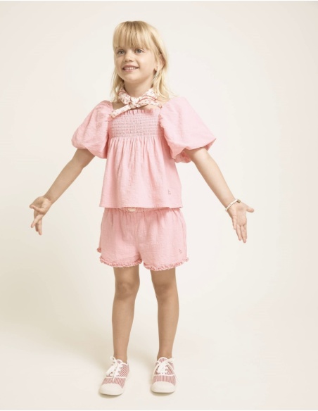 PANTALÓN CORTO DE ALGODÓN CON VOLANTES ROSA BÚHO